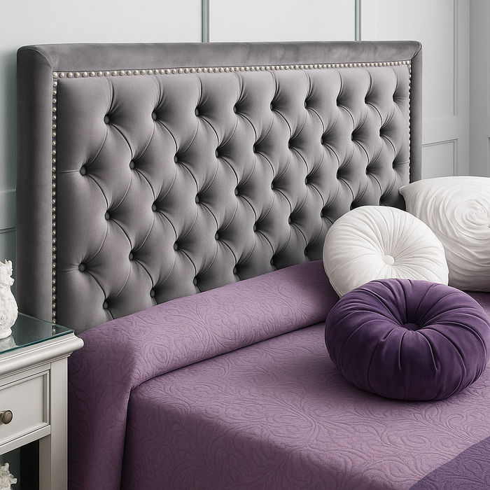 Luxury Design Alton Bumper studded Bed Headboard in Crushed Velvet Fabric & in Soft Plush Fabric
