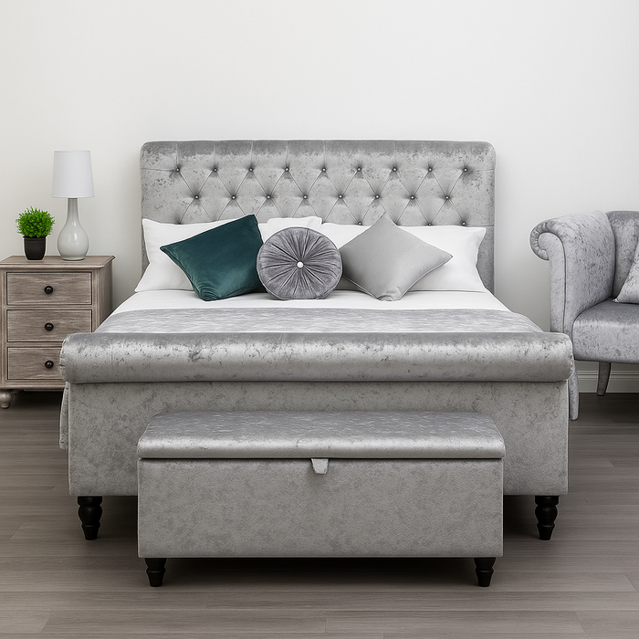 New Chesterfield Bed frame Upholstered in Crushed Velvet Fabric & in Soft Plush Fabric