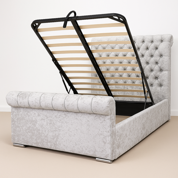 Chesterfield Design Gas Lift Storage Bed Frame in Sleigh style in Turin fabric & Chenille Fabric