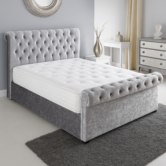 Chesterfield Design Gas Lift Storage Bed Frame in Sleigh style in Turin fabric & Chenille Fabric
