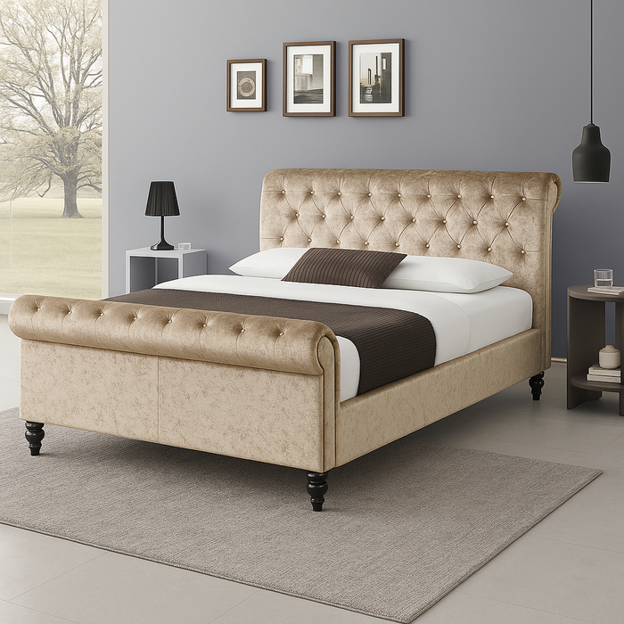Modern Chesterfield Sleigh style Bed frame Upholstered in Crushed Velvet Fabric & in Soft Plush Fabric
