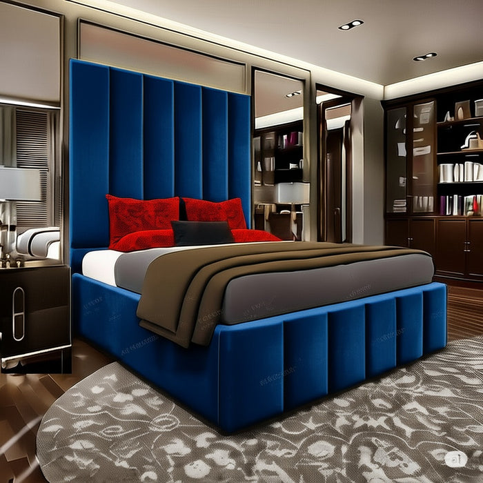 Panel Bed Frame with Extra 60" Tall Headboard in Plush Fabric and Crushed Velvet Fabric