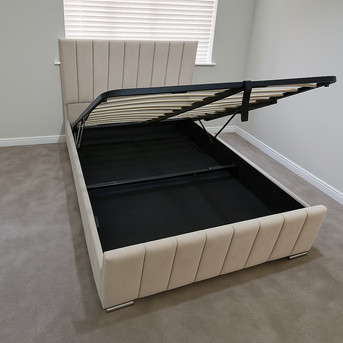 New Design Gas Lift Storage Bed frame Upholstered in Crushed Velvet Fabric & Soft Plush