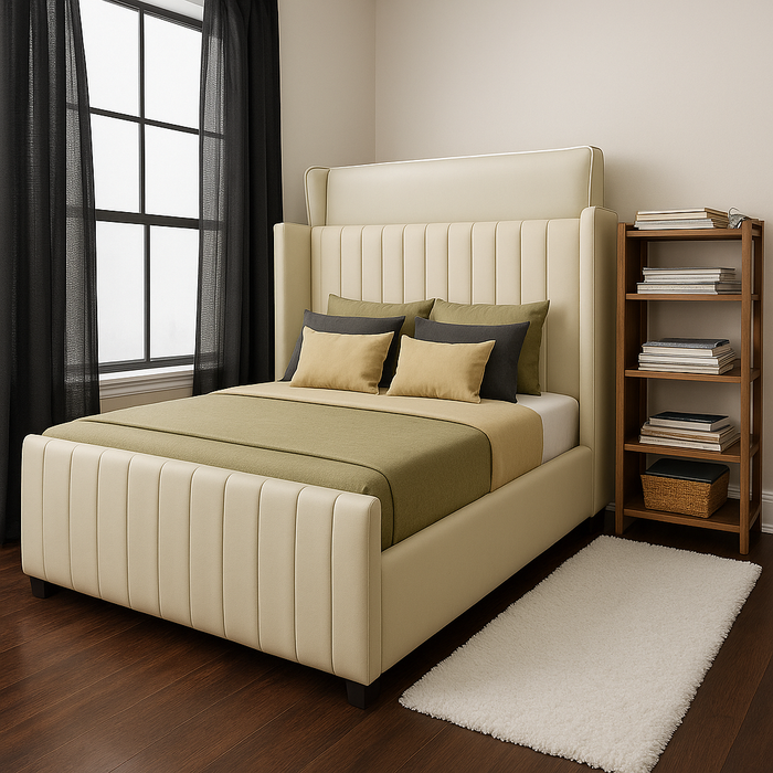 Wing Bed frame Upholstered in Crushed Velvet Fabric and Soft Plush Fabric