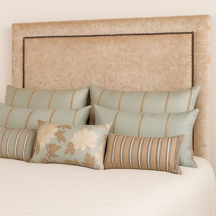 Mid-Century Studded Headboard in Crushed Velvet Fabric and Soft Plush Fabric