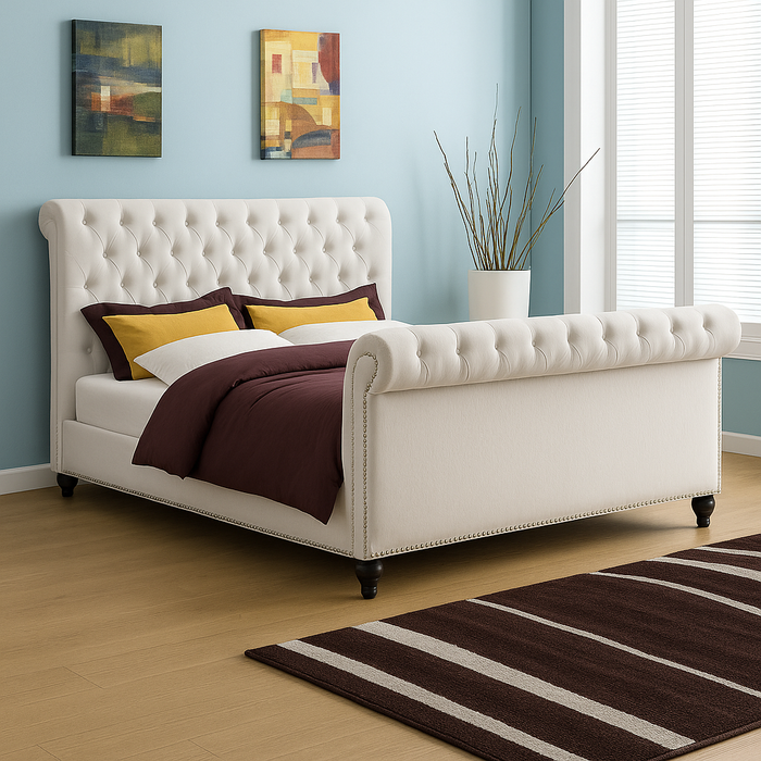 Upholstered Sleigh Bed Frame in Turin fabric & Chenille fabric