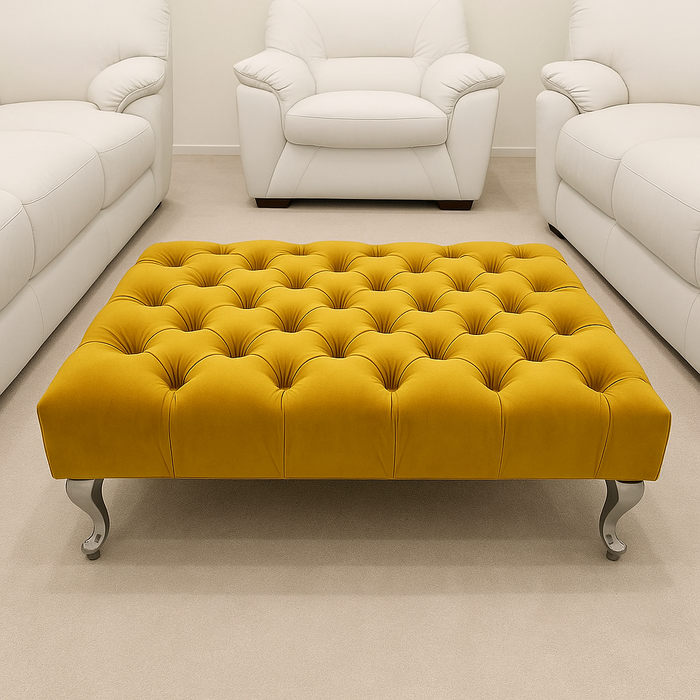 Chesterfield Upholstered Footstool/Coffee Table in Crushed Velvet & Plush Fabric