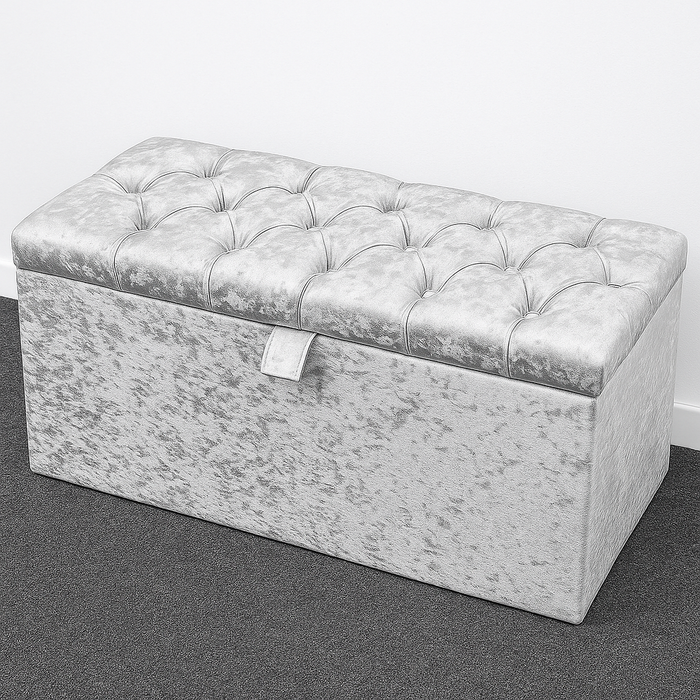 Chesterfield Crystal Diamante Ottoman Storage Box in Crushed Velvet Fabric & in Soft Plush