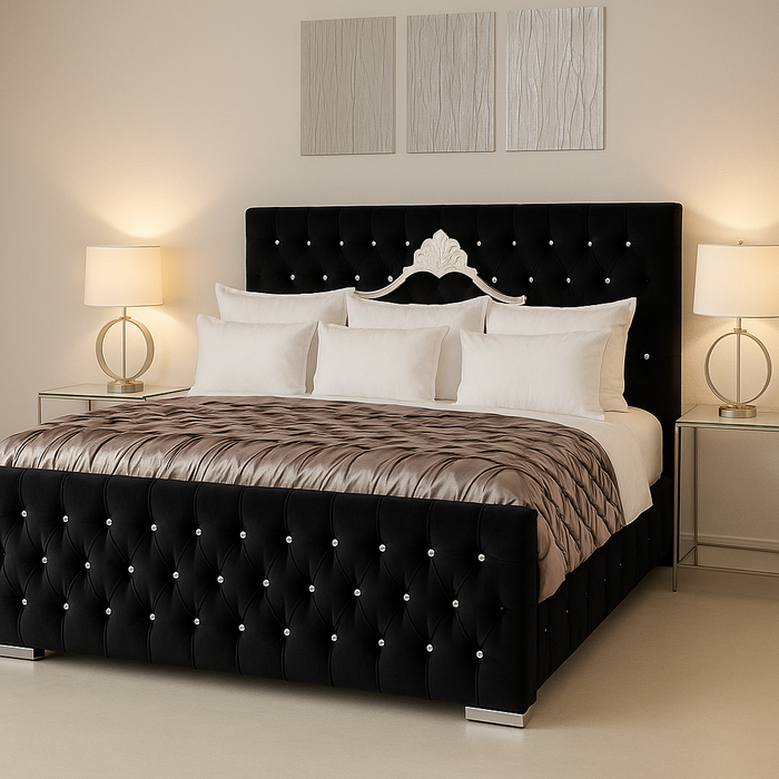 Cube Style Bed Frame in Crushed Velvet Fabric & in Soft Plush Fabric