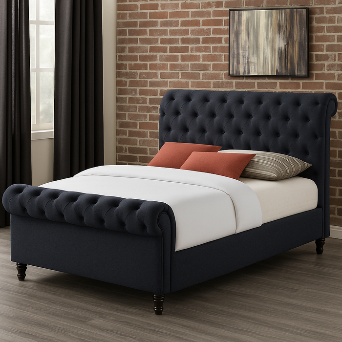 Luxury Sleigh Bed Frame in Turin fabric & Chenille fabric with Fabric Matching Buttons