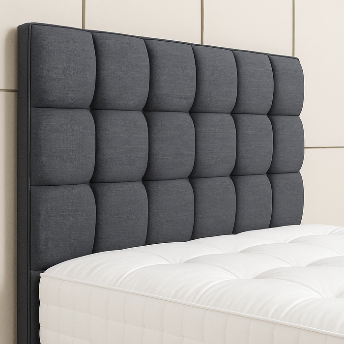 LUXURY CUBE BED HEADBOARD WITH MATCHING BUTTONS IN LINEN FABRIC & CHENILLE FABRIC
