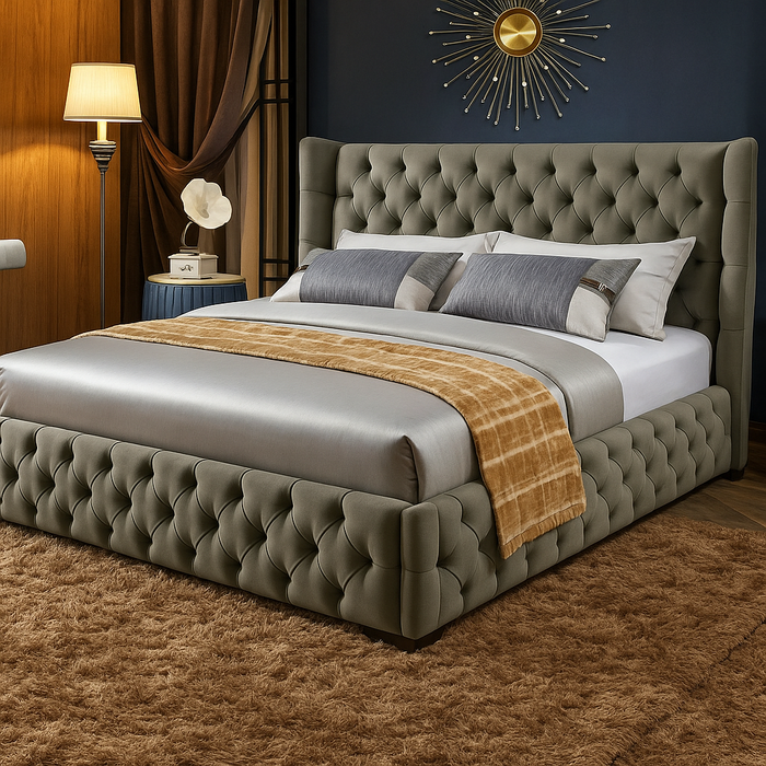Luxury Chesterfield Wing Bed Frame in Crushed Velvet Fabric & in Soft Plush Fabric