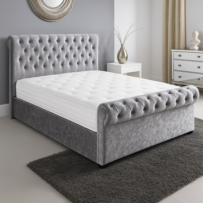 Chesterfield Bed Frame in Turin Fabric and Chenille Fabric